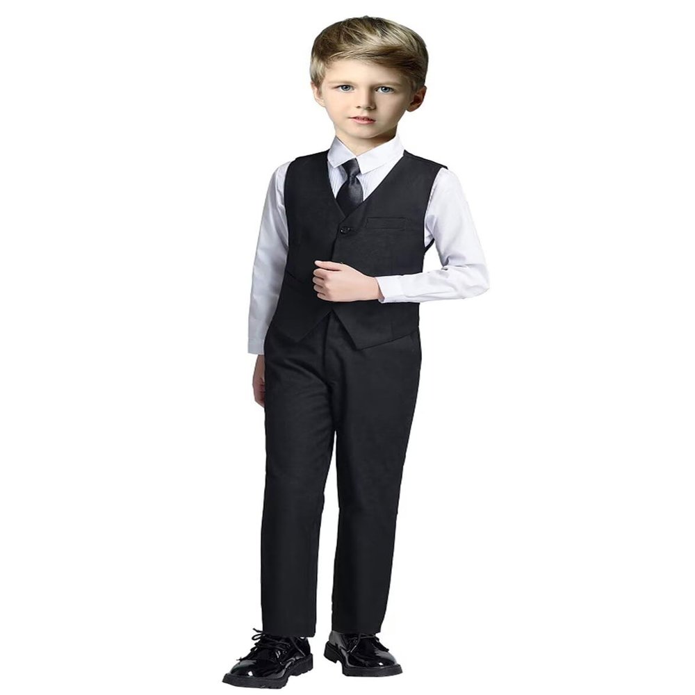 Boys Suits Slim Fit Dress 4 Pieces Vest Set Youth Suits for Formal Casual Occasions Black Size 2T