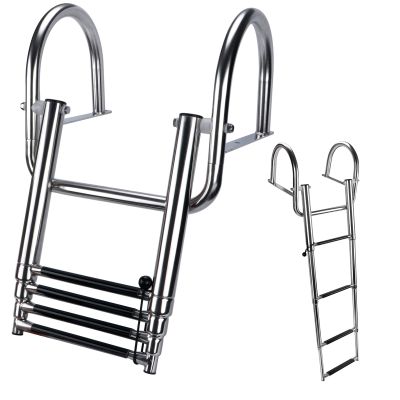 Hoffen 4 Step Pontoon Boat Ladder, Stainless Steel Telescoping Folding Boat Ladder Rear Entry Heavy Duty Custom Inboard with Pedal and Safe Handrails