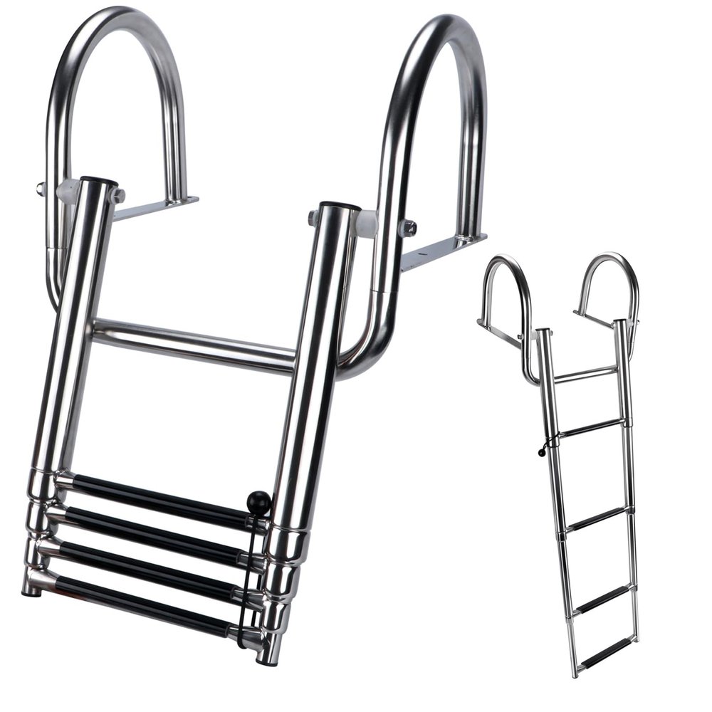 Hoffen 4 Step Pontoon Boat Ladder, Stainless Steel Telescoping Folding Boat Ladder Rear Entry Heavy Duty Custom Inboard with Pedal and Safe Handrails
