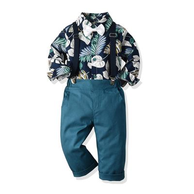 Moyikiss Studio Autumn Winter Fashion Boys Gentleman Outfits Long Sleeve Printed Bowtie Shirt+Suspender Pants Casual Suits (Navy, 100/3T)
