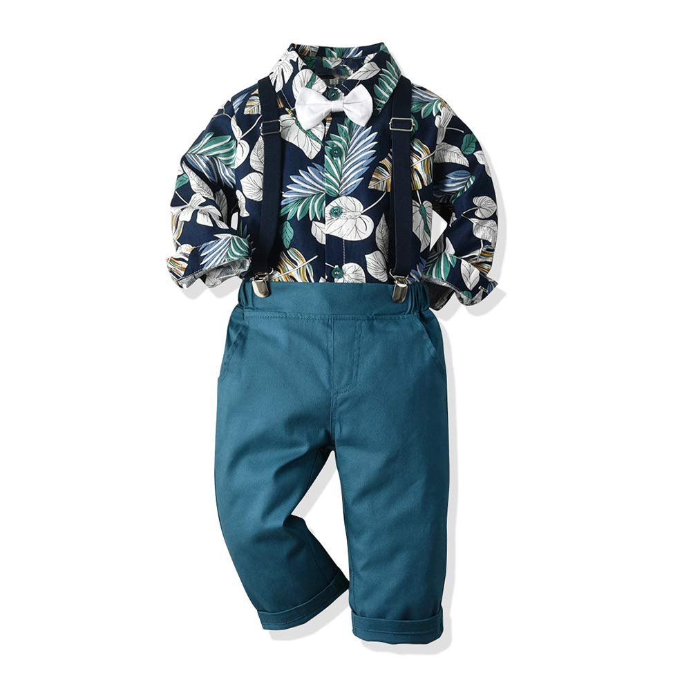 Moyikiss Studio Autumn Winter Fashion Boys Gentleman Outfits Long Sleeve Printed Bowtie Shirt+Suspender Pants Casual Suits (Navy, 100/3T)