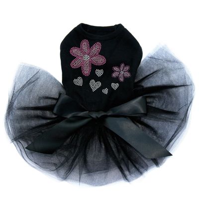 Pink & Purple Flowers - Bling Rhinestone Dog Tutu Dress, M Black
