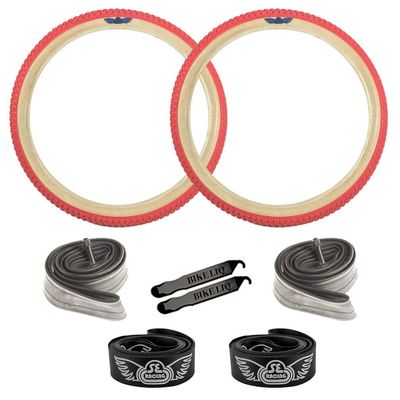 SE Bikes Cub OEM BMX Durable Wire Bead Replacement Dirt Street Bike Tire Tube Rim Strip Lever Kit Bundle (Red Tan, 24)