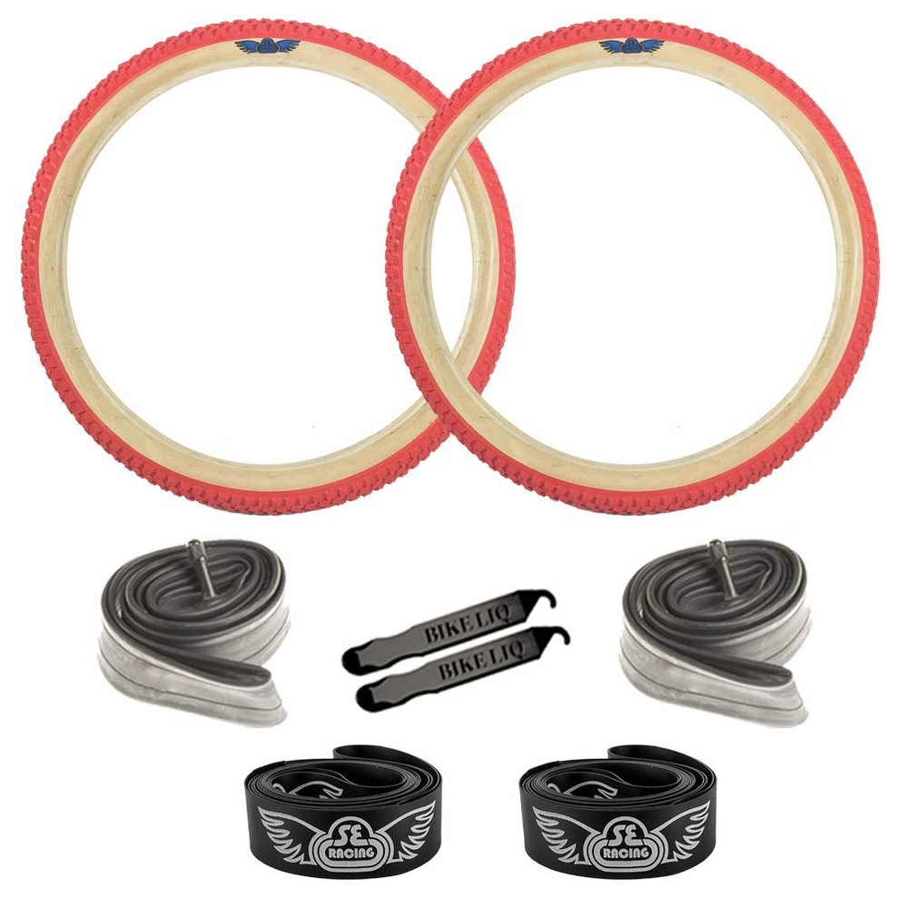 SE Bikes Cub OEM BMX Durable Wire Bead Replacement Dirt Street Bike Tire Tube Rim Strip Lever Kit Bundle (Red Tan, 24)