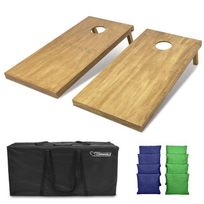 GoSports 4 ft x 2 ft Regulation Size Wooden Cornhole Boards Set with Light Brown Finish - Includes Carrying Case and Bean Bags - Navy Blue & Bright Green
