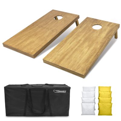 GoSports 4 ft x 2 ft Regulation Size Wooden Cornhole Boards Set with Light Brown Finish - Includes Carrying Case and Bean Bags - White & Yellow