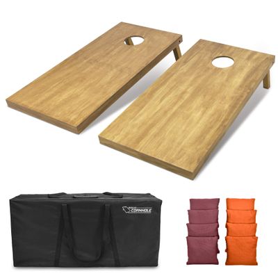 GoSports 4 ft x 2 ft Regulation Size Wooden Cornhole Boards Set with Light Brown Finish - Includes Carrying Case and Bean Bags - Burgundy & Orange