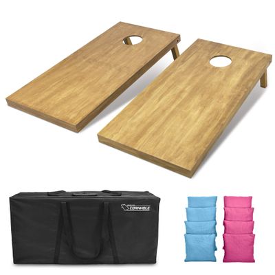 GoSports 4 ft x 2 ft Regulation Size Wooden Cornhole Boards Set with Light Brown Finish - Includes Carrying Case and Bean Bags - Light Blue & Pink