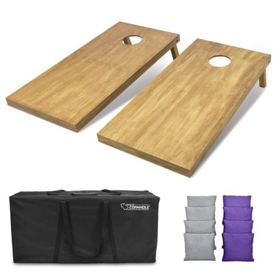 GoSports 4 ft x 2 ft Regulation Size Wooden Cornhole Boards Set with Light Brown Finish - Includes Carrying Case and Bean Bags - Gray & Purple
