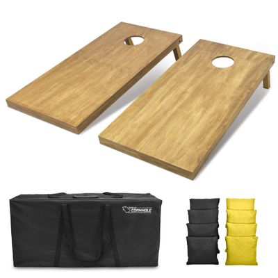 GoSports 4 ft x 2 ft Regulation Size Wooden Cornhole Boards Set with Light Brown Finish - Includes Carrying Case and Bean Bags - Black & Yellow
