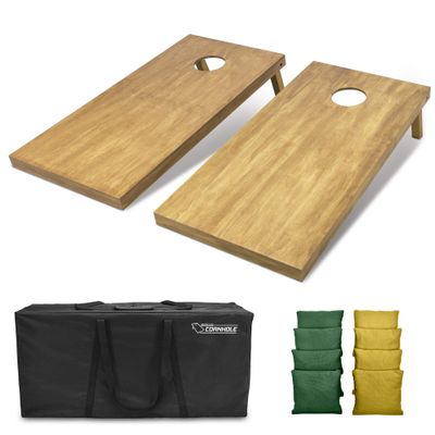 GoSports 4 ft x 2 ft Regulation Size Wooden Cornhole Boards Set with Light Brown Finish - Includes Carrying Case and Bean Bags - Dark Green & Gold