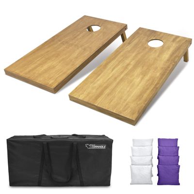 GoSports 4 ft x 2 ft Regulation Size Wooden Cornhole Boards Set with Light Brown Finish - Includes Carrying Case and Bean Bags - White & Purple