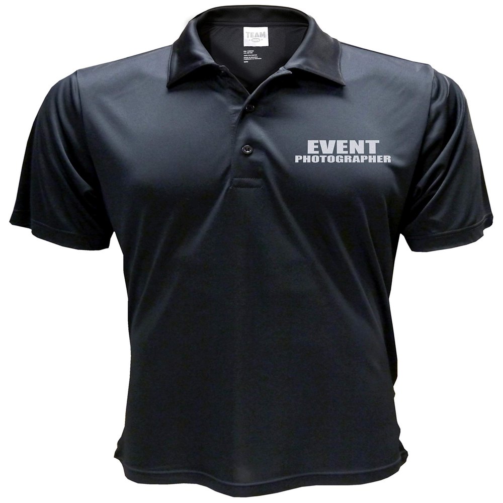 Smart People Clothing Event Photographer Polo Reflective Design,Performance Polo w/Moisture Wicking Technology, Black Shirt.