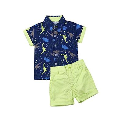 Baby Kids Boy Gentleman Suits, Flamingo Printed Button Down Shirt +Pink Shorts Set 2Pcs Outfits Set (Fluorescent Green+Blue, 18-24M)