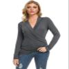 Afibi Womens Slim Fitted Deep V Neck Cross Wrap Top Long Sleeve T-Shirts (X-Large, Gray) view 3