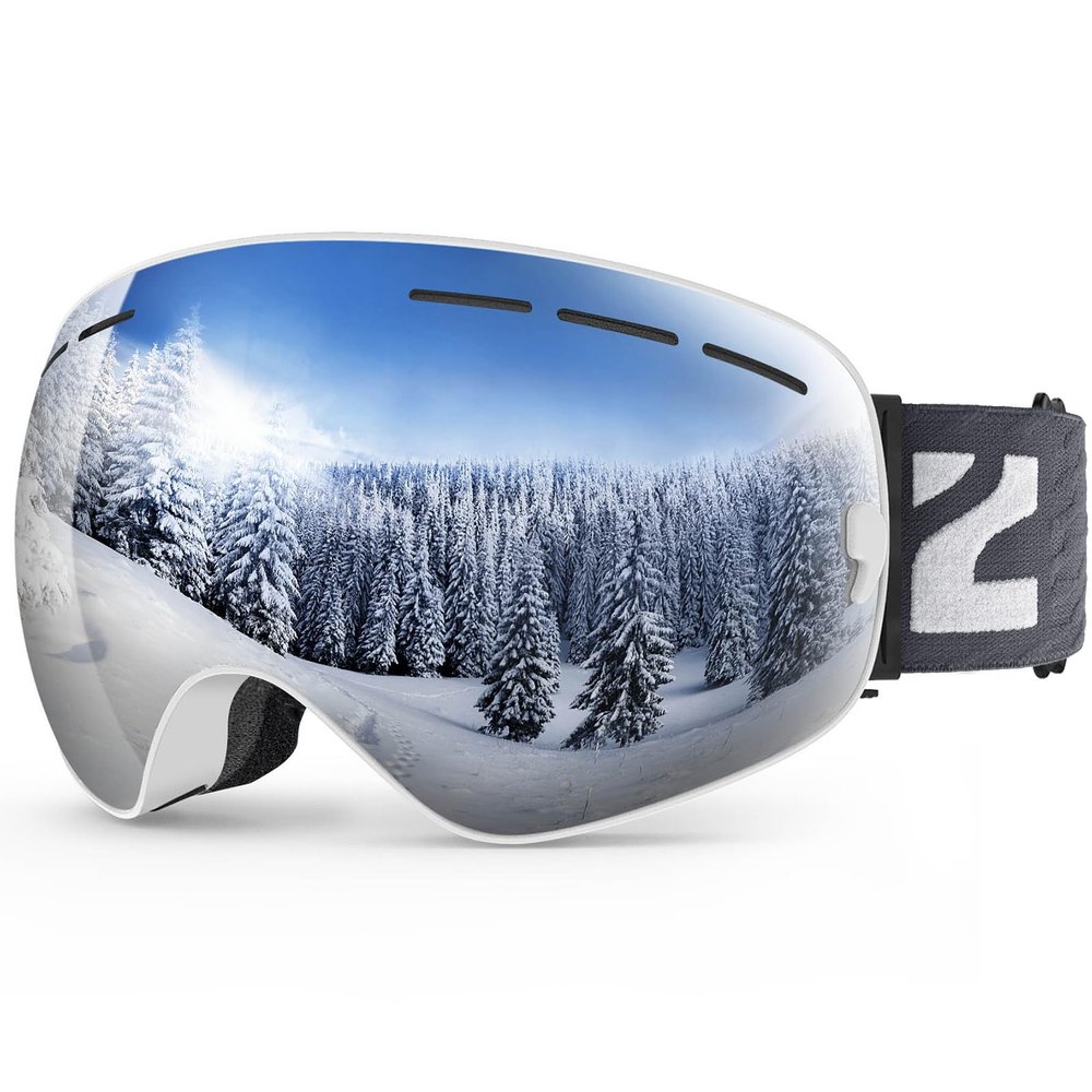 ZIONOR X Ski Snowboard Snow Goggles OTG Design for Men Women Adult with Spherical Detachable Lens UV Protection Anti-fog (VLT 9% White Frame Revo Silver Lens)