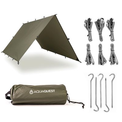 AquaQuest Defender Tarp  HeavyDuty Waterproof (20,000 mm) SeamTaped Rain Fly for Camping, Bushcraft & Survival  1010 Olive Drab Kit