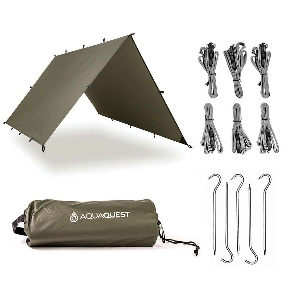 AquaQuest Defender Tarp  HeavyDuty Waterproof (20,000 mm) SeamTaped Rain Fly for Camping, Bushcraft & Survival  1010 Olive Drab Kit