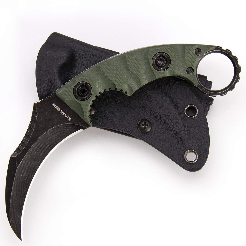 KIASLORE 1911K Tactical Knife Fixed Blade Teeth Knife D2 curved Blade & G10 Handle for Outdoor Survival, Camping, Bushcraft and Hunting, with Sheath (Stonewashed OD Green, 180)