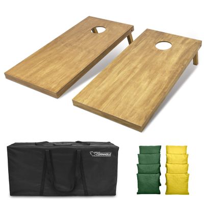 GoSports 4 ft x 2 ft Regulation Size Wooden Cornhole Boards Set with Light Brown Finish - Includes Carrying Case and Bean Bags - Dark Green & Yellow
