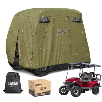 10L0L Universal Golf Cart Covers for Yamaha,Club Car, EZGO, Waterproof 2/4 Passenger Heavy Duty Golf Cart Rain Covers Extended Roof with 3 Zipper Doors (Green)