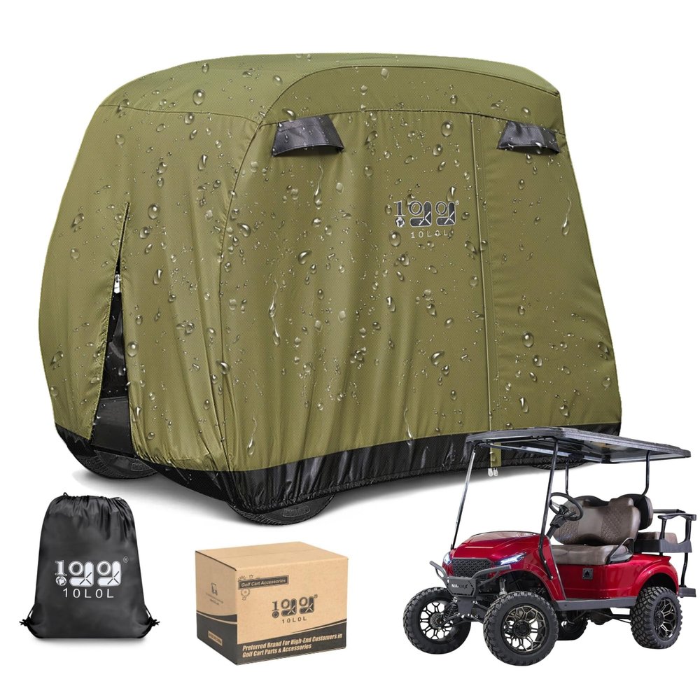 10L0L Universal Golf Cart Covers for Yamaha,Club Car, EZGO, Waterproof 2/4 Passenger Heavy Duty Golf Cart Rain Covers Extended Roof with 3 Zipper Doors (Green)