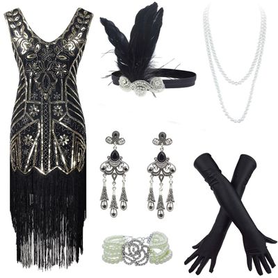 20s Flapper Gatsby Sequin Beaded Evening Cocktail Dress with Accessories Set (Small, Style02-Black&Gold)