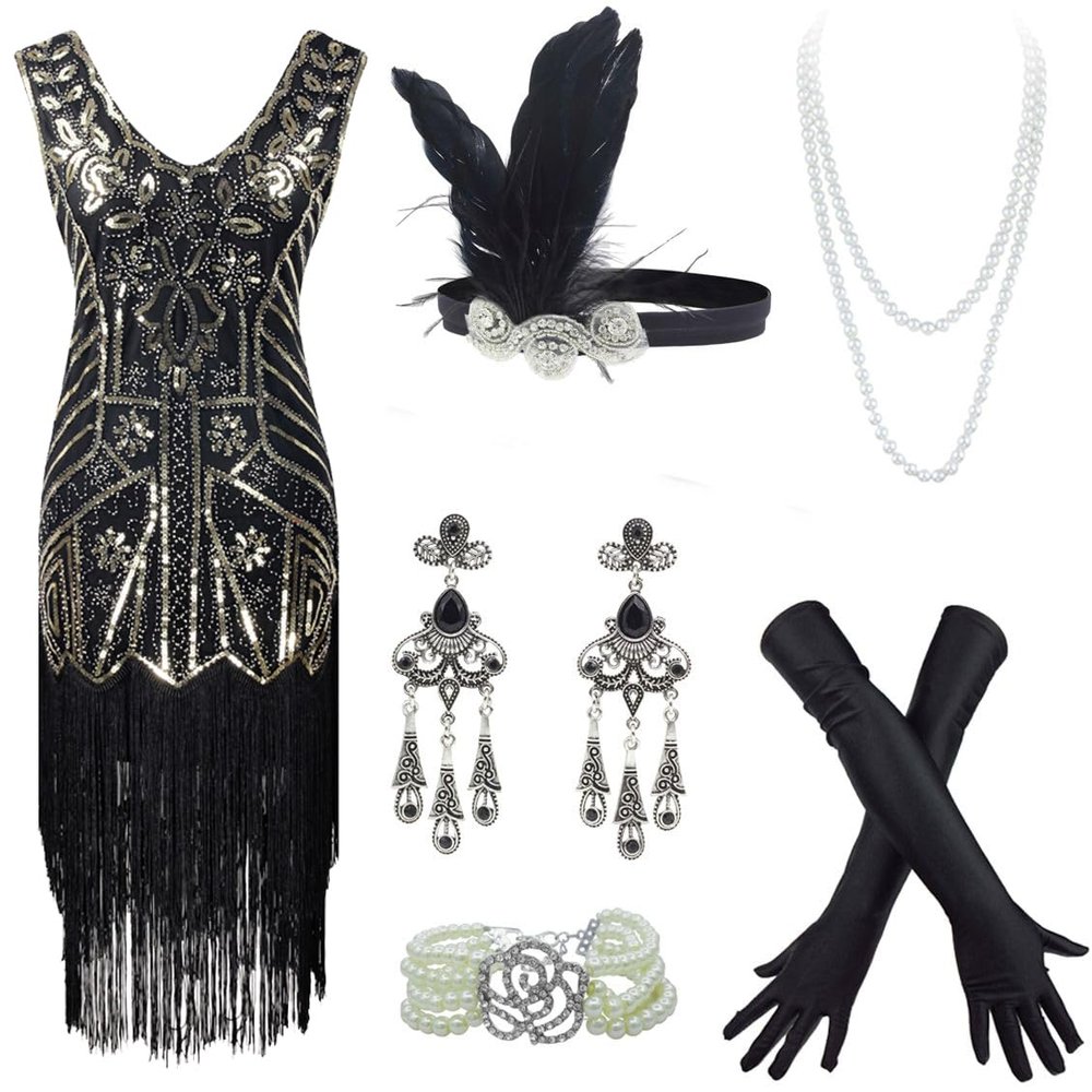 20s Flapper Gatsby Sequin Beaded Evening Cocktail Dress with Accessories Set (Small, Style02-Black&Gold)