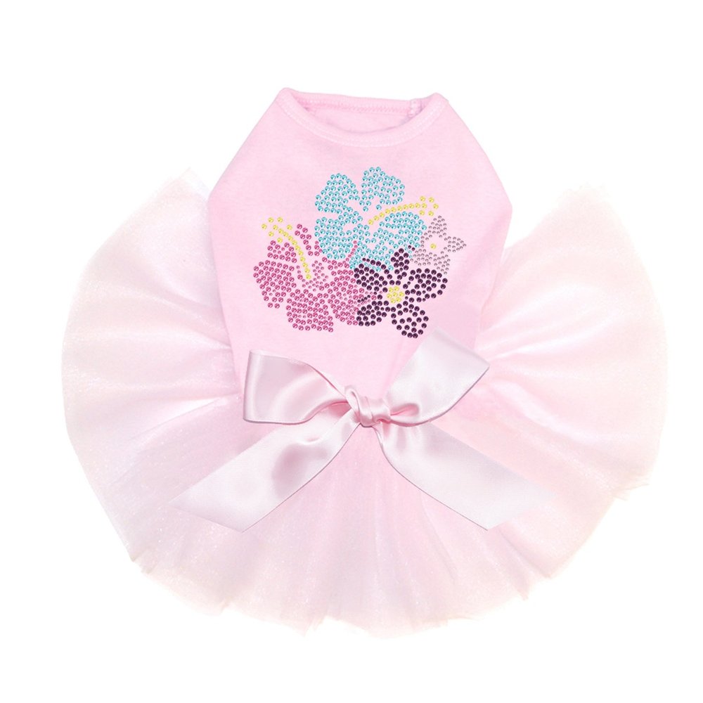 Pink, Blue & Purple Hibiscus - Bling Rhinestone Dog Tutu Dress, XL Pink
