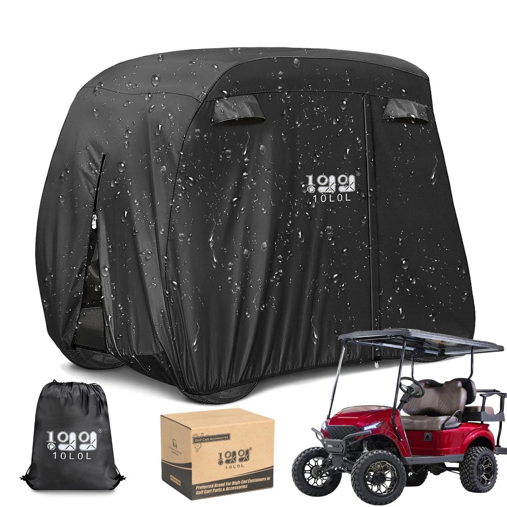 10L0L Universal Golf Cart Covers for Yamaha,Club Car, EZGO, Waterproof 2/4 Passenger Heavy Duty Golf Cart Rain Covers Extended Roof with 3 Zipper Doors (Black)