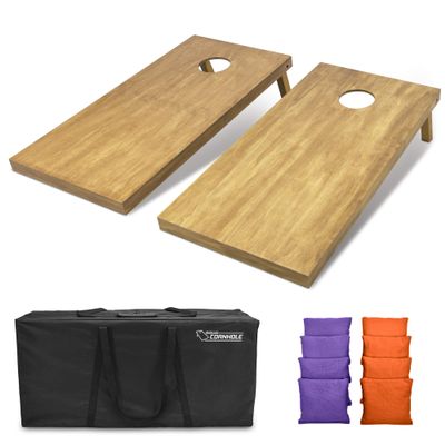 GoSports 4 ft x 2 ft Regulation Size Wooden Cornhole Boards Set with Light Brown Finish - Includes Carrying Case and Bean Bags - Purple & Orange