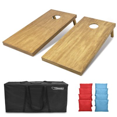 GoSports 4 ft x 2 ft Regulation Size Wooden Cornhole Boards Set with Light Brown Finish - Includes Carrying Case and Bean Bags - Red & Light Blue