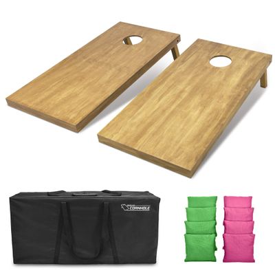 GoSports 4 ft x 2 ft Regulation Size Wooden Cornhole Boards Set with Light Brown Finish - Includes Carrying Case and Bean Bags - Bright Green & Pink