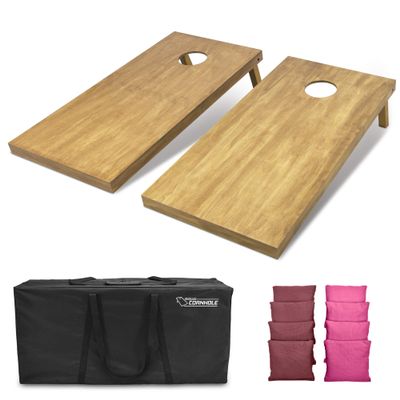 GoSports 4 ft x 2 ft Regulation Size Wooden Cornhole Boards Set with Light Brown Finish - Includes Carrying Case and Bean Bags - Burgundy & Pink