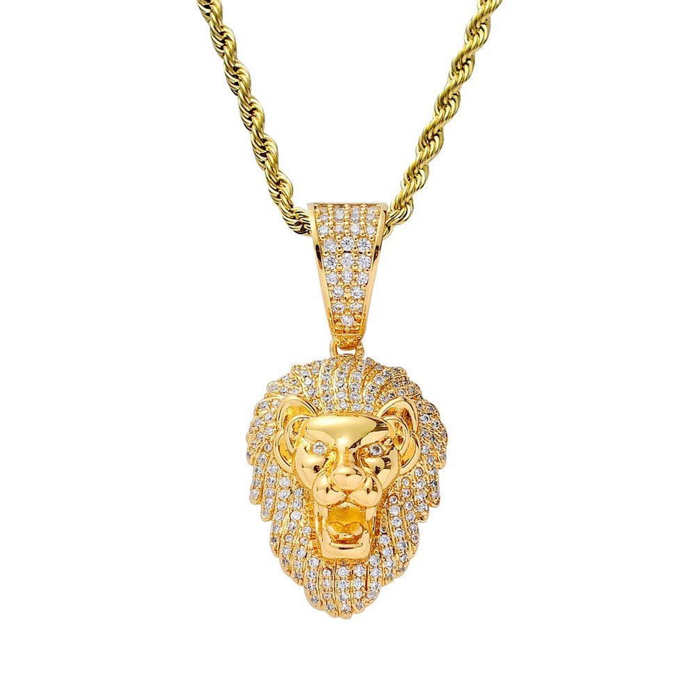 Moca Jewelry Iced Out Lion Head Pendant 18K Gold Plated Bling CZ Simulated Diamond Hip Hop Necklace for Men Women (Gold)