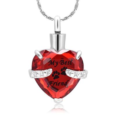 constantlife Cremation Jewelry for Ashes, My Best Friend Heart Shape Memorial Urn Necklace Stainless Steel Crystal Pendant Ashes Holder Keepsake (Silver - Red)