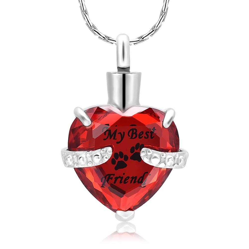 constantlife Cremation Jewelry for Ashes, My Best Friend Heart Shape Memorial Urn Necklace Stainless Steel Crystal Pendant Ashes Holder Keepsake (Silver - Red)