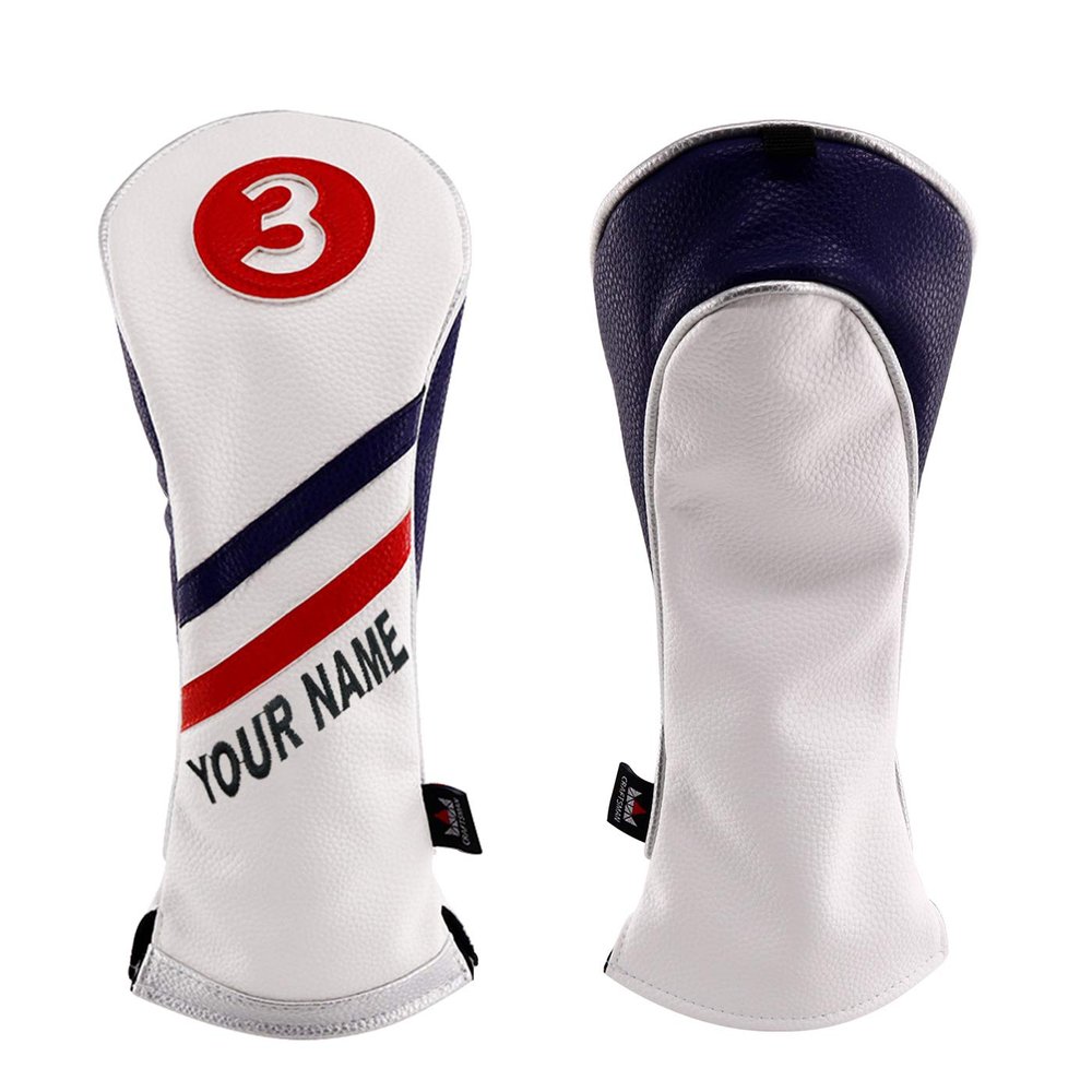 Craftsman Golf Name Stitch Custom Red White Blue Pu Leather Stripes Fairway Wood Headcover #3 for All Brands Callaway Big Bertha Cobra Taylormade Ping Mizuno Etc. (Custom #3 Wood Cover)