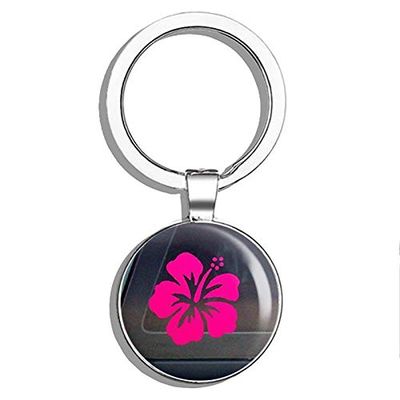 Hibiscus Flower - Hawaiian Premium Pink Vinyl Double Sided Stainless Steel Keychain Key Ring Chain Holder Car/Key Finder