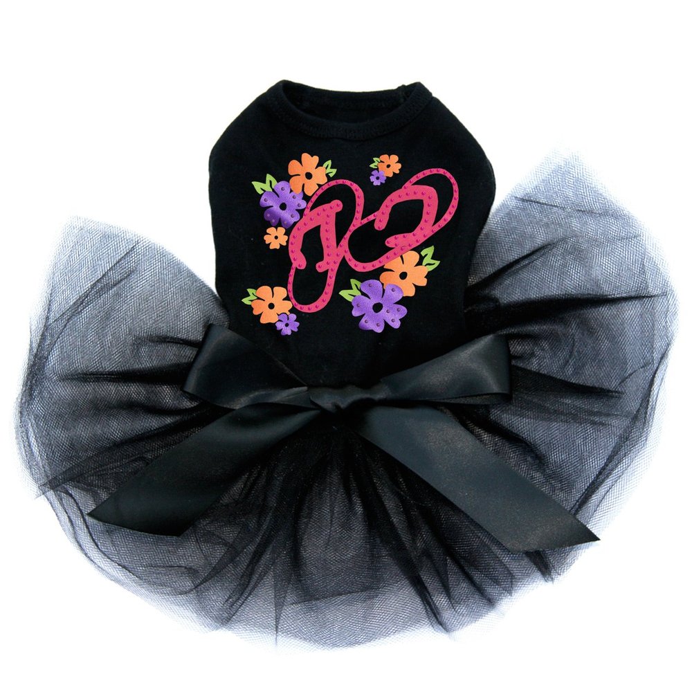 Satin Flip Flops with Flowers - Bling Rhinestone Dog Tutu Dress, XL Black