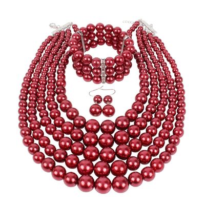 Fodattm Women Lady Multi Layer Imitation Pearl Strand Cluster with Necklace Bracelet and Earrings Set Elegant Costume Jewelry Sets (Dark red)