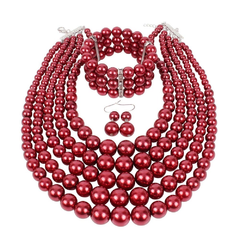 Fodattm Women Lady Multi Layer Imitation Pearl Strand Cluster with Necklace Bracelet and Earrings Set Elegant Costume Jewelry Sets (Dark red)