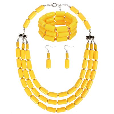 Fodattm Multi Layer Handmade Bead Strand Cluster with Necklace Bracelet and Earrings Set for Women Lady Acrylic Beads Statement Strand Necklaces (Yellow)