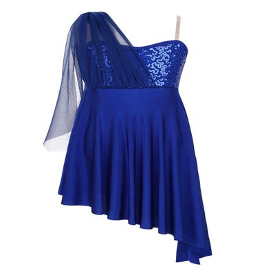Moily Big Girls Sequins One Shoulder Lyrical Dance Irregular Dress Wrap Mesh Gymnastics Leotard Blue 6