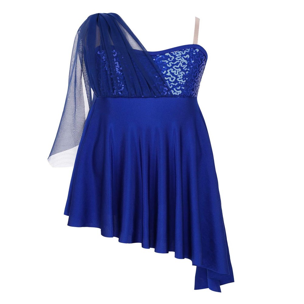 Moily Big Girls Sequins One Shoulder Lyrical Dance Irregular Dress Wrap Mesh Gymnastics Leotard Blue 6