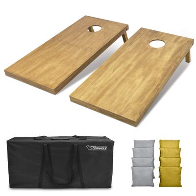 GoSports 4 ft x 2 ft Regulation Size Wooden Cornhole Boards Set with Light Brown Finish - Includes Carrying Case and Bean Bags - Gray & Gold