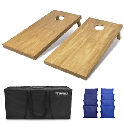 GoSports 4 ft x 2 ft Regulation Size Wooden Cornhole Boards Set with Light Brown Finish - Includes Carrying Case and Bean Bags - Navy Blue & Royal Blue