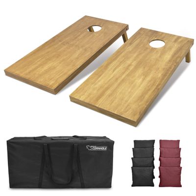 GoSports 4 ft x 2 ft Regulation Size Wooden Cornhole Boards Set with Light Brown Finish - Includes Carrying Case and Bean Bags - Black & Burgundy