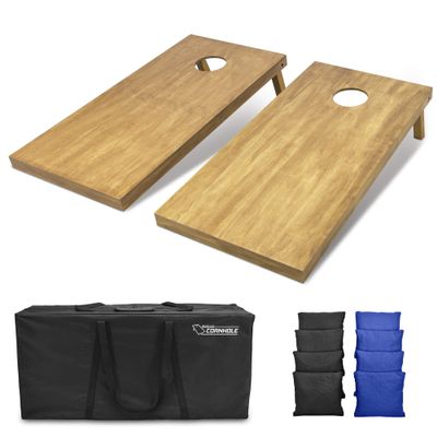 GoSports 4 ft x 2 ft Regulation Size Wooden Cornhole Boards Set with Light Brown Finish - Includes Carrying Case and Bean Bags - Black & Royal Blue