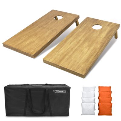 GoSports 4 ft x 2 ft Regulation Size Wooden Cornhole Boards Set with Light Brown Finish - Includes Carrying Case and Bean Bags - White & Orange